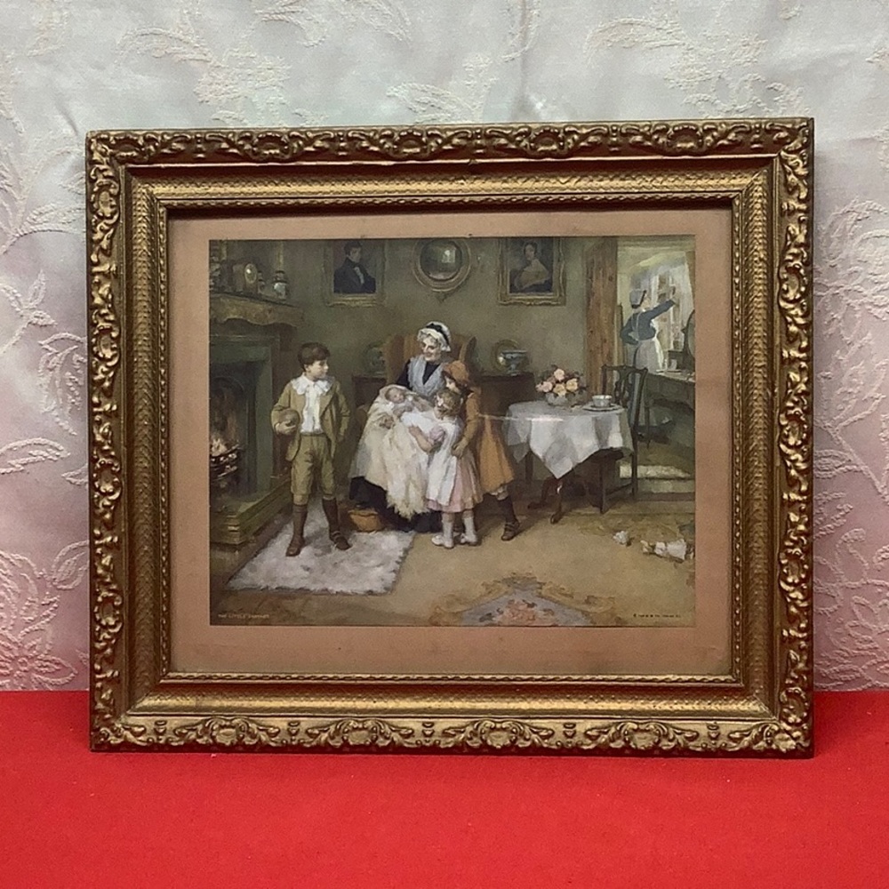 Vintage original The Little Brother / Gerlach Barlow.  Gold Framed behind glass.